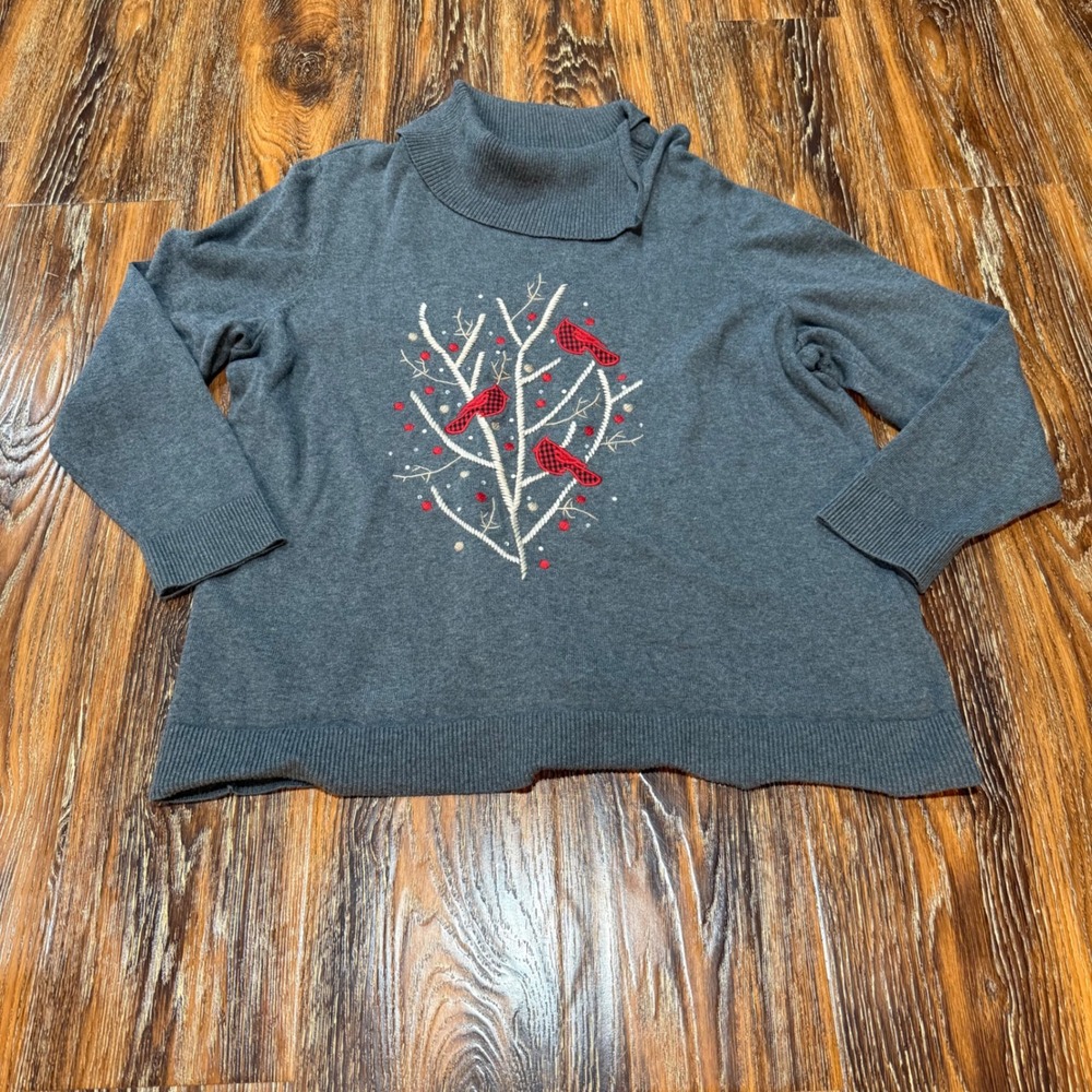 Gray Womens Plus 1X Cotton Cowl Neck Sweater Red Cardinal Bird Embroidery